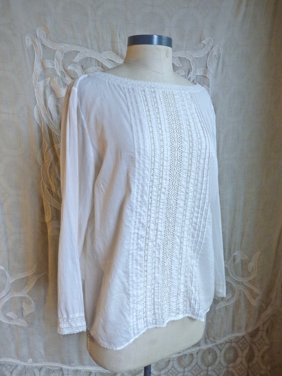 White Cotton and Lace Panel Boat Neck Blouse