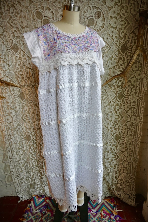 Embroidered White Mexican Gauze and Lace Dress - image 2