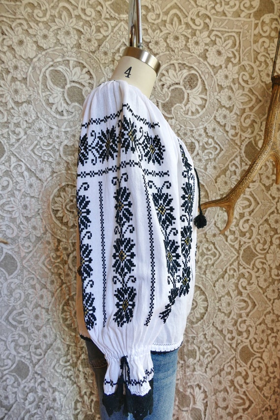 Black Embroidered White Gauze Cotton Peasant Blou… - image 5