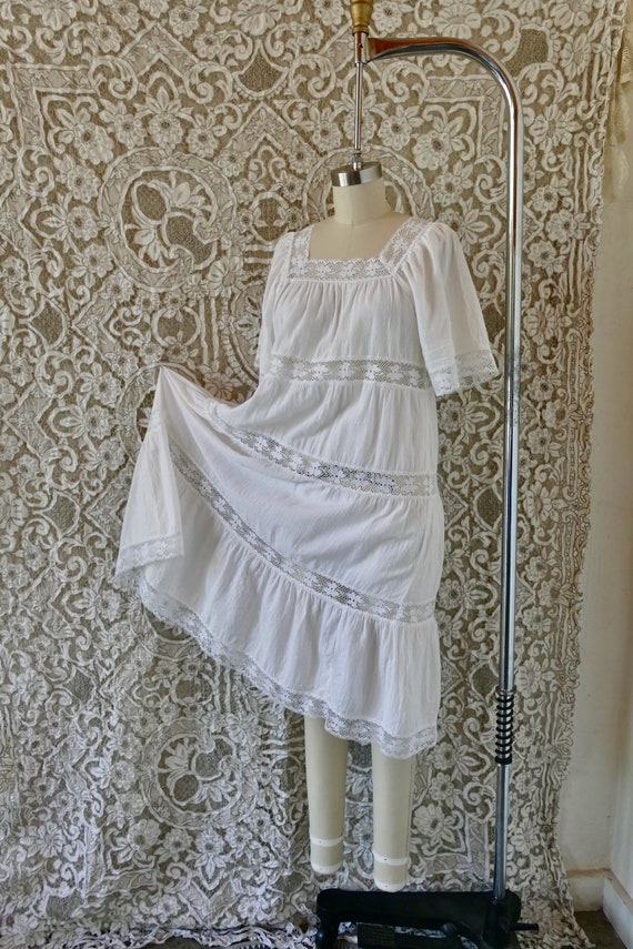 Vintage White Cotton and Crochet Lace Tiered Maxi… - image 1