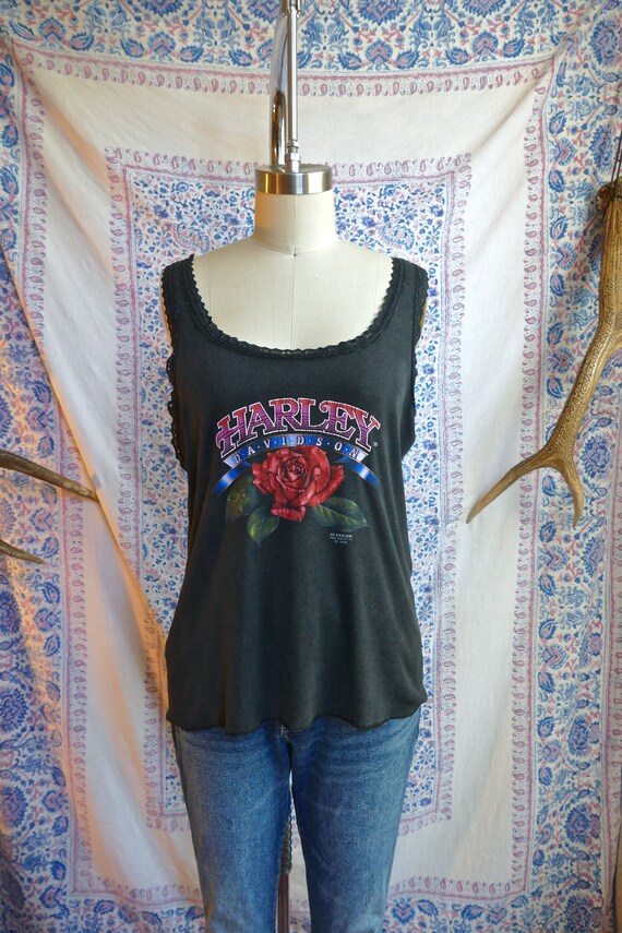 Distressed Harley Rose Print Lace Trim Biker Tank