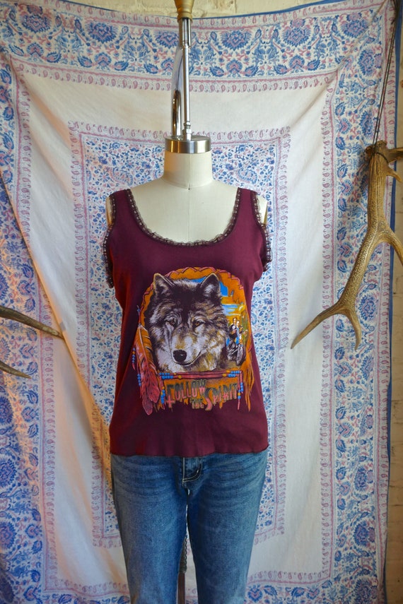 3D Emblem Burgundy Wolf Print Lace Trim Biker Tank