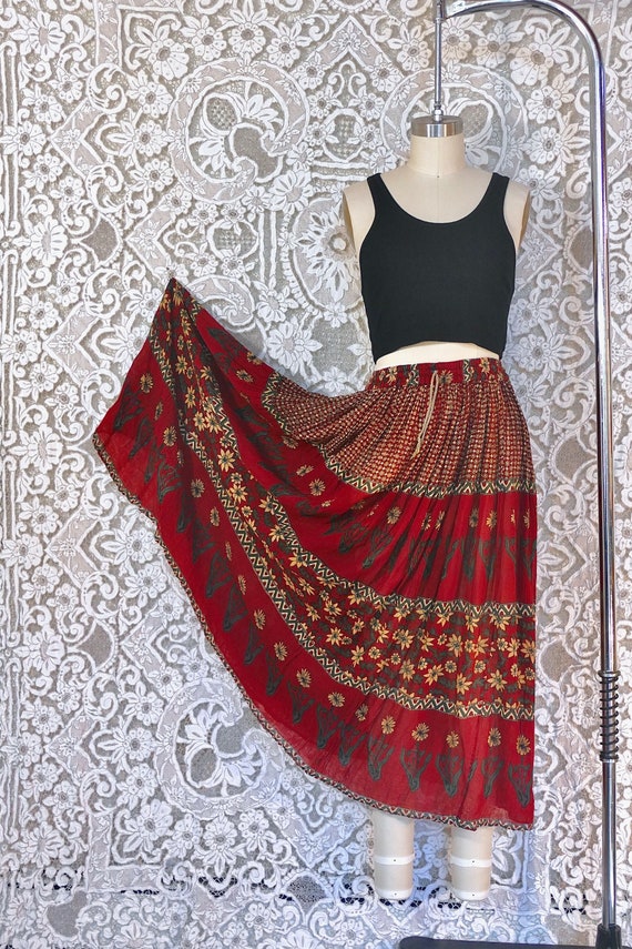 Red Floral Print Indian Gauze Cotton Skirt - image 1