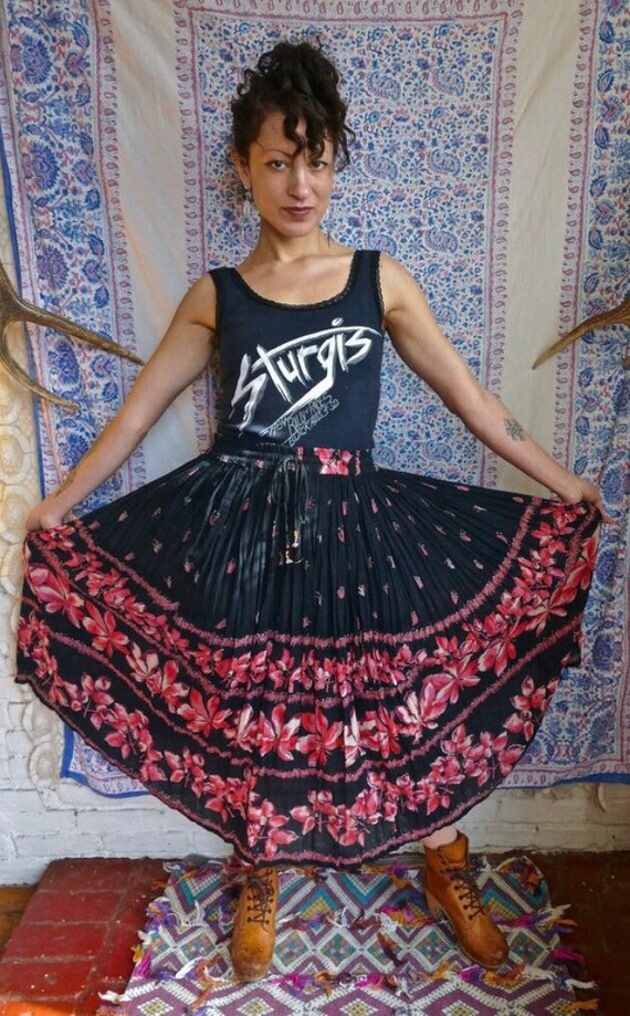 Black Indian Gauze Cotton Floral Skirt - image 3