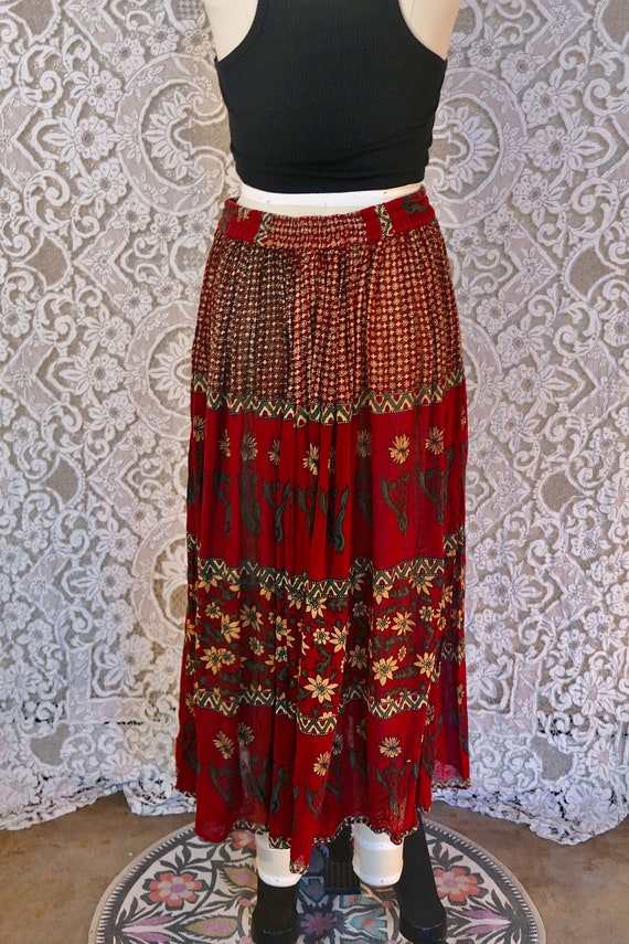 Red Floral Print Indian Gauze Cotton Skirt - image 5