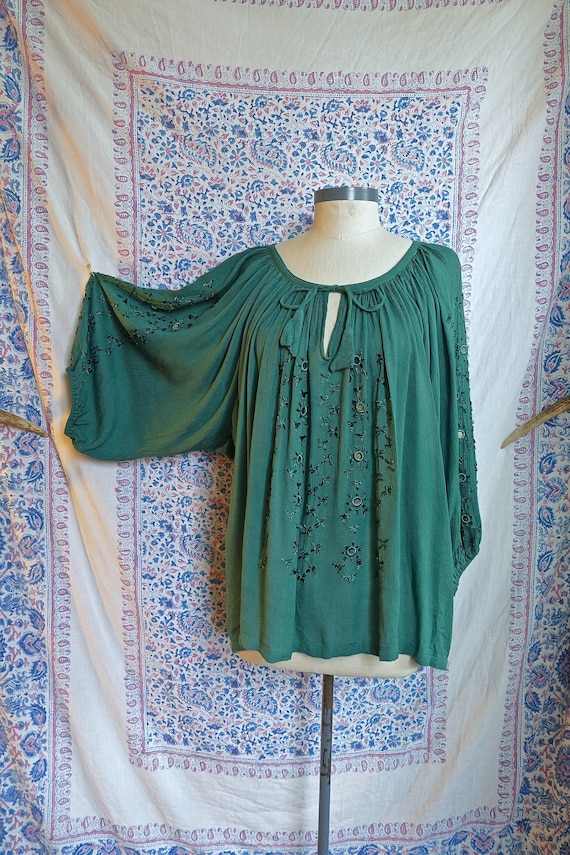 Green Indian Gauze Blouse with Mirror Embroidery