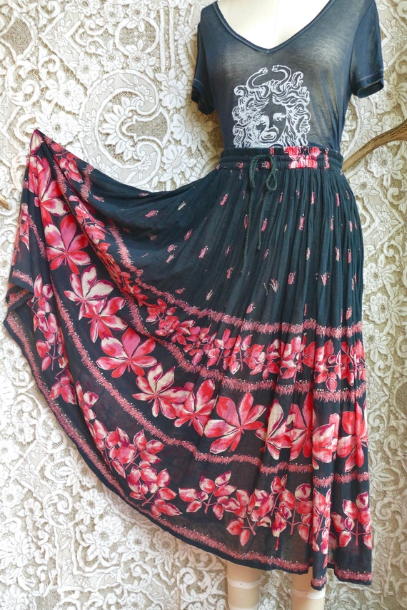 Black Indian Gauze Cotton Floral Skirt - image 2
