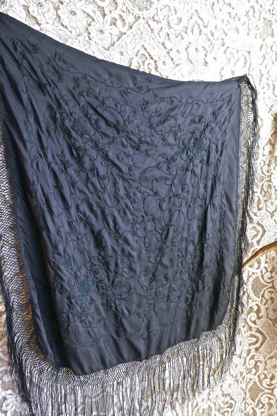 Black Embroidered Silk Fringe Shawl - image 8