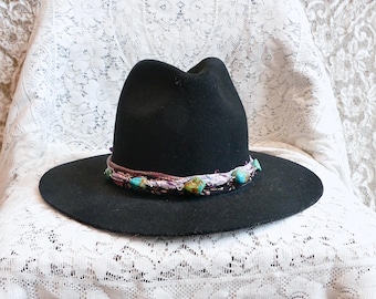 Turquoise Embellished Black Wool Rancher Hat