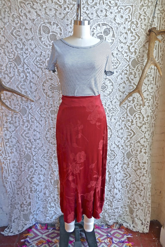 Red Satin Jacquard Bias Cut 90's Skirt