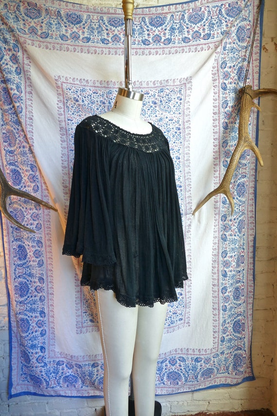 Black Gauze and Crochet Cotton Peasant Top