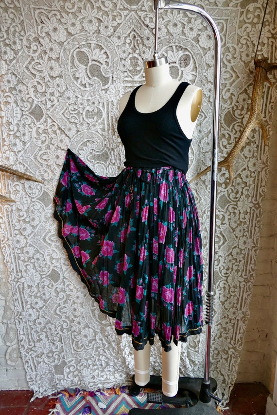 Black Indian Gauze Cotton Floral Two Piece Skirt … - image 7