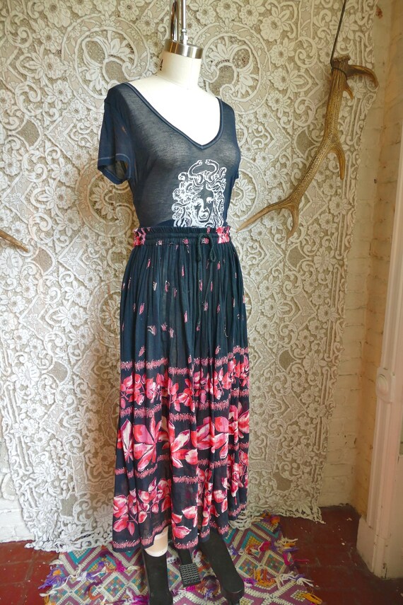 Black Indian Gauze Cotton Floral Skirt - image 8