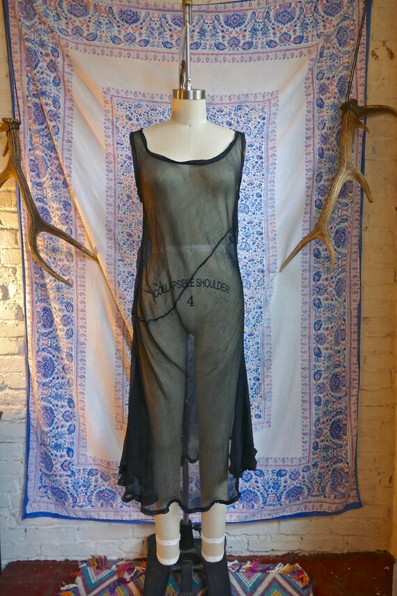 Distressed Sheer Black Silk Bias Cut Slip Dress As