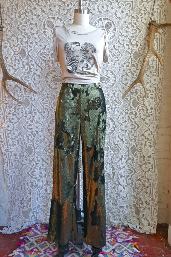 Green Sequined Wide Leg Trousers