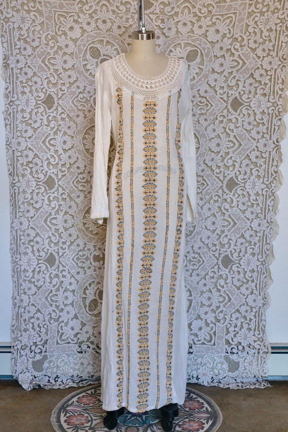 Embroidered Cream Gauze and Crochet Lace Maxi Dres