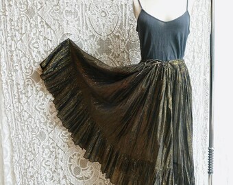 Black Indian Gauze Cotton and Gold Lurex Peasant Skirt