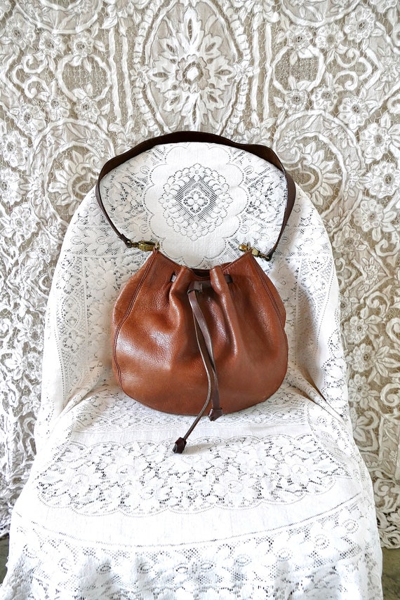 Brown Leather Drawstring Shoulder Bag