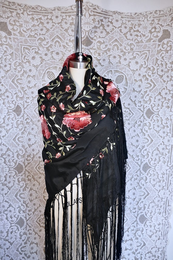 Antique Black Embroidered Silk Fringe Shawl As Is