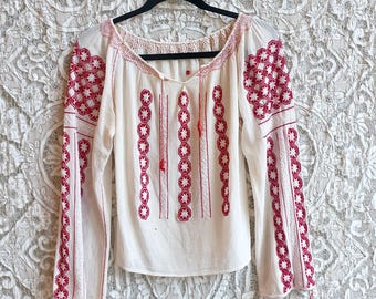 Embroidered Gauze Cotton Romanian Folk Blouse As Is
