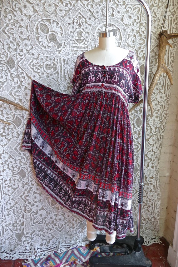 Burgundy Indian Gauze Cotton Peacock Print Tent Dr