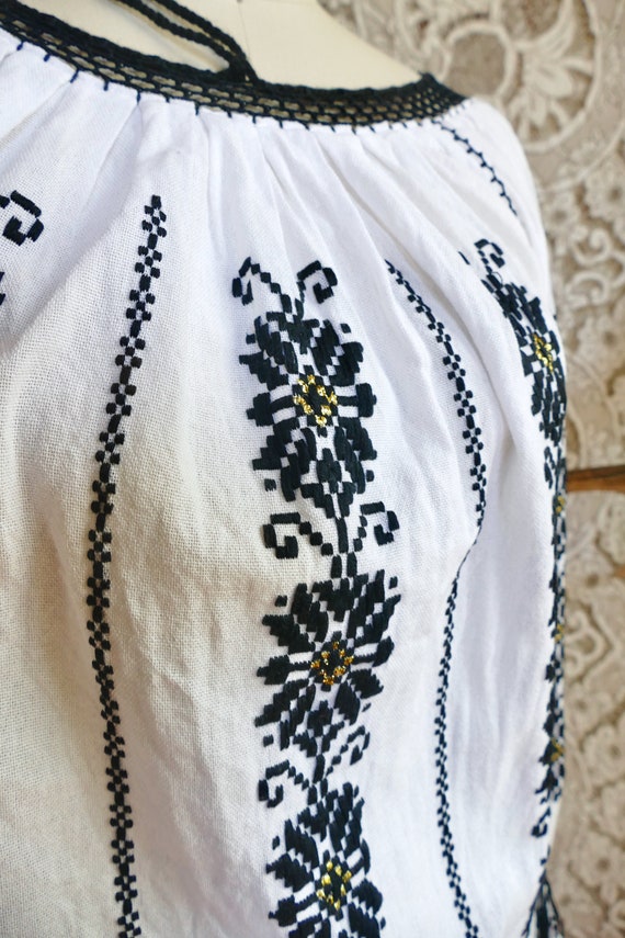 Black Embroidered White Gauze Cotton Peasant Blou… - image 4