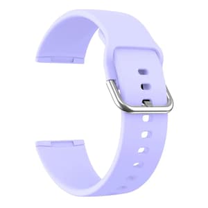 May include: A lavender silicone watch band with a silver buckle. The band has multiple holes for adjusting the fit.