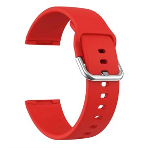 May include: A bright red silicone watch band with a silver buckle. The band has a textured surface and is designed for a smartwatch.