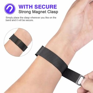 May include: A black watch band with a strong magnetic clasp is shown on a wrist. The text in the image reads "WITH SECURE Strong Magnet Clasp". The band is made of a mesh material and has a secure closure.