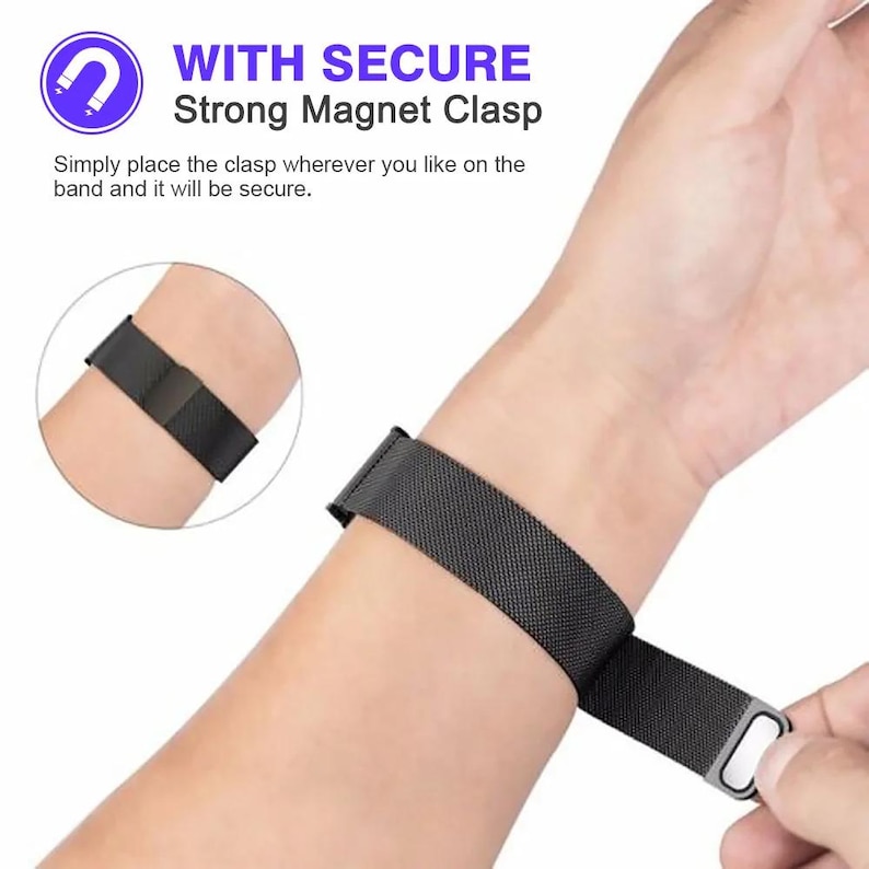 May include: A black watch band with a strong magnetic clasp is shown on a wrist. The text in the image reads "WITH SECURE Strong Magnet Clasp". The band is made of a mesh material and has a secure closure.