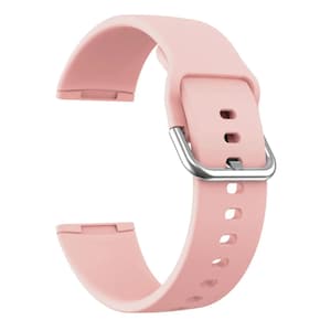 May include: A light pink silicone watch band with a silver buckle. The band has a textured surface and is designed for a smartwatch.