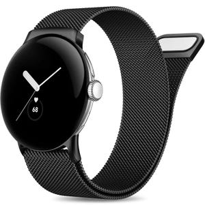 May include: A black smartwatch with a round face and a black mesh band. The watch face displays the time, a heart icon, and the number 68. The watch has a silver-colored button on the side.