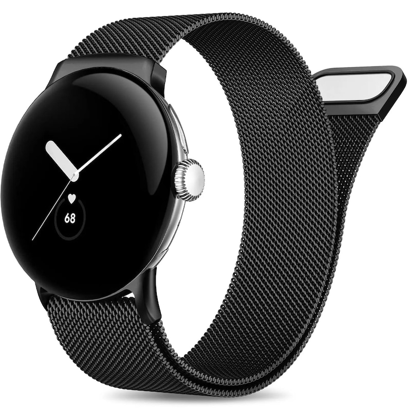 May include: A black smartwatch with a round face and a black mesh band. The watch face displays the time, a heart icon, and the number 68. The watch has a silver-colored button on the side.