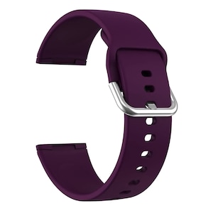 May include: A purple silicone watch band with a silver buckle.