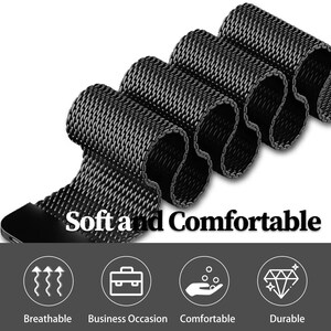 May include: Black watch band with a woven mesh design. The text "Soft and Comfortable" is displayed on the image, along with icons indicating breathability, business occasion, comfort, and durability.