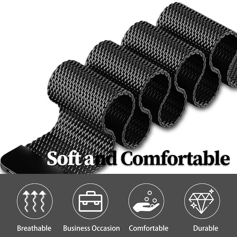 May include: Black watch band with a woven mesh design. The text "Soft and Comfortable" is displayed on the image, along with icons indicating breathability, business occasion, comfort, and durability.