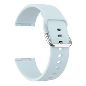 May include: A light blue silicone watch band with a silver buckle. The band has multiple holes for adjusting the fit.