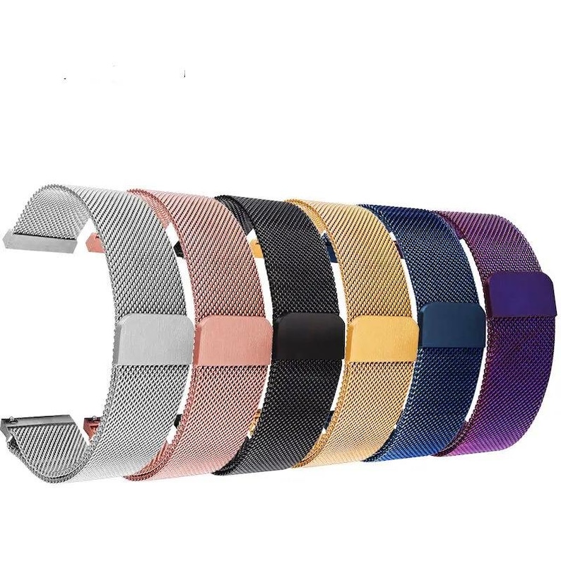 May include: A collection of watch bands in various colors, including silver, rose gold, black, gold, navy blue, and purple. Each band is made of a fine mesh material and features a magnetic clasp for secure closure. The bands are designed to fit a variety of smartwatches.