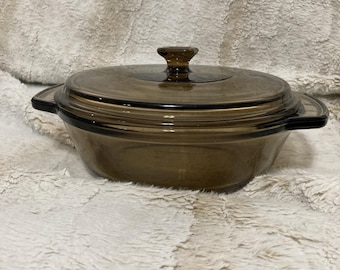Cacerola de vidrio marrón de 1.5 cuartos de galón Anchor Hocking Ovenware VTG n.° 1037 con tapa
