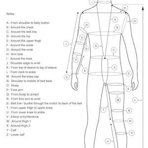 May include: A black and white measurement chart from Aniki Cosplay. The chart outlines various body measurements, including chest, waist, hip, and arm measurements, with labeled lines and a diagram of a human figure.