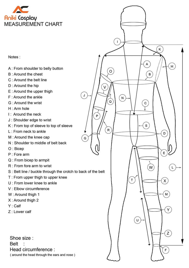 May include: A black and white measurement chart from Aniki Cosplay. The chart outlines various body measurements, including chest, waist, hip, and arm measurements, with labeled lines and a diagram of a human figure.