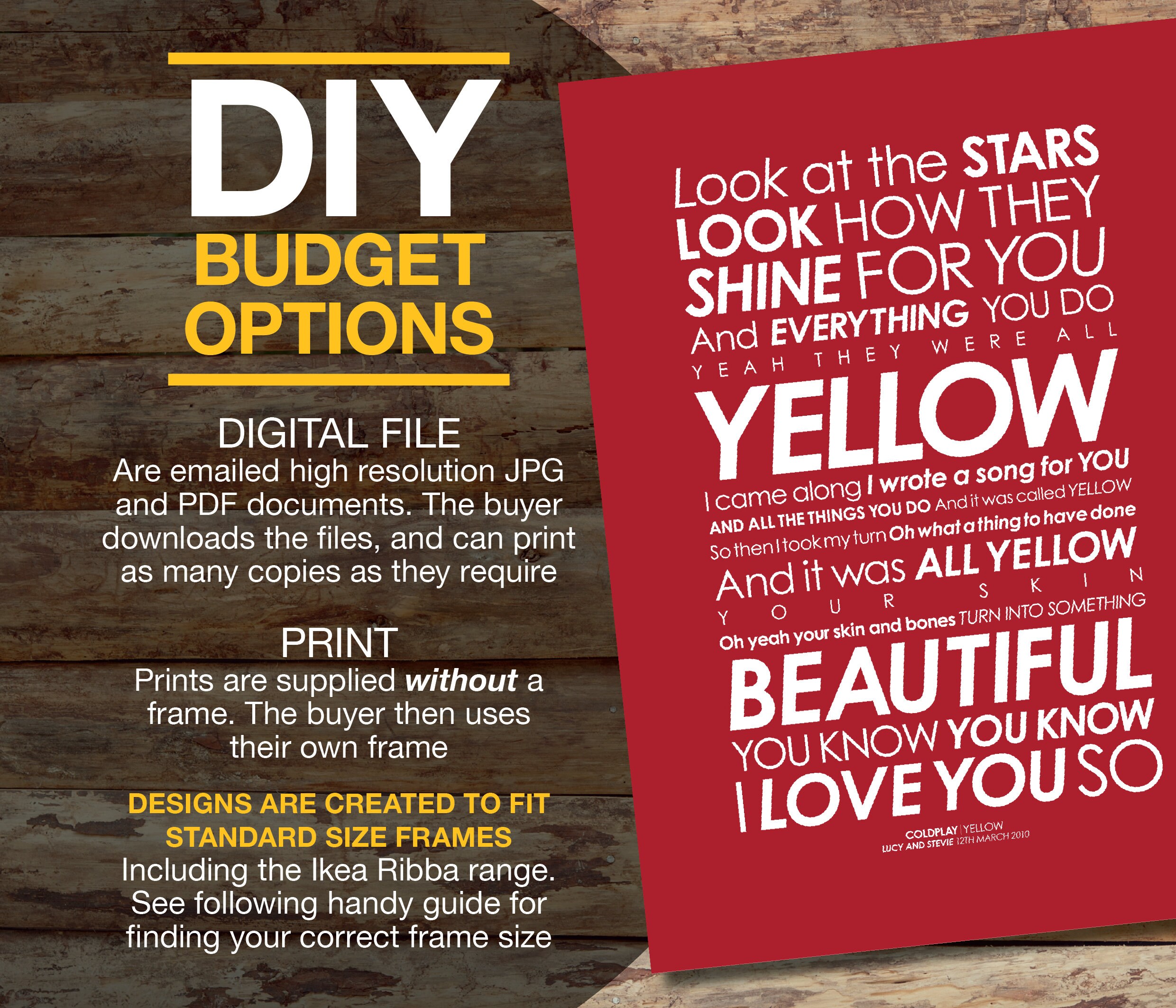 Coldplay Yellow LYRICS Poster. With PERSONALISED MESSAGE. Etsy UK