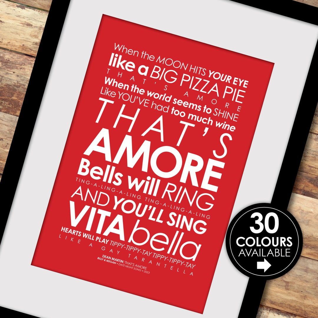 Dean Martin That's Amore LYRICS Print Optional PERSONALISED Message  Date Night, Paper Anniversary, Wedding Song, 1st Dance, Valentines