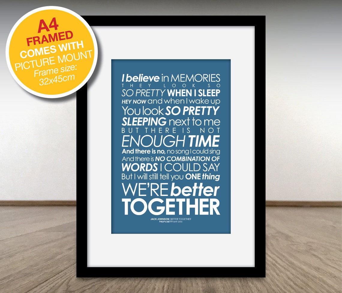 Jack Johnson Better Together LYRICS Print. Add PERSONALISED - Etsy UK