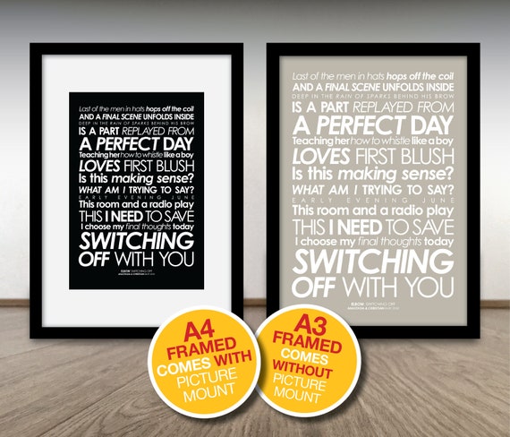 Elbow Fan Switching Off Lyrics Print Option To Add Personalised Message Digital File Print Or Framed Free Delivery