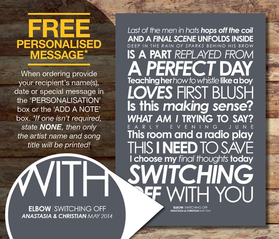 Elbow Fan Switching Off Lyrics Print Option To Add Personalised Message Digital File Print Or Framed Free Delivery
