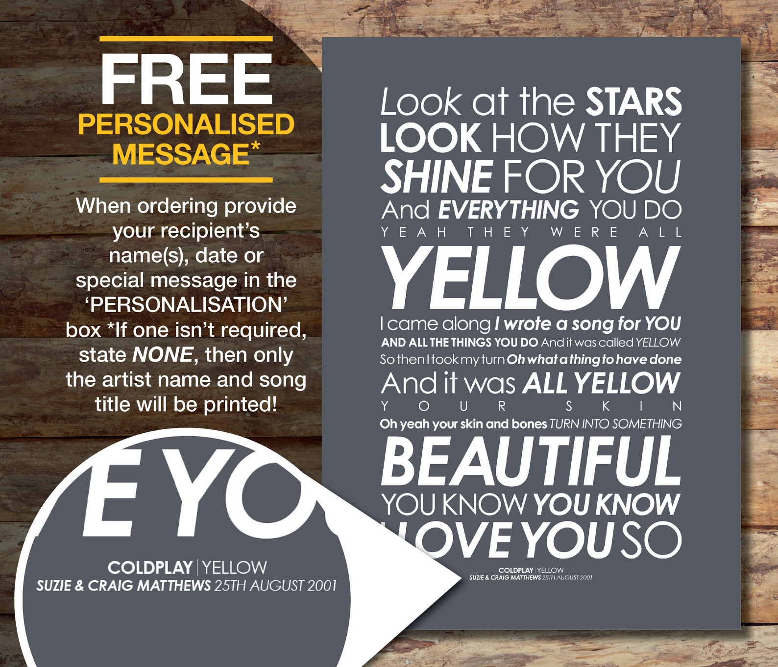 Coldplay Yellow LYRICS Poster. With PERSONALISED MESSAGE. Etsy UK