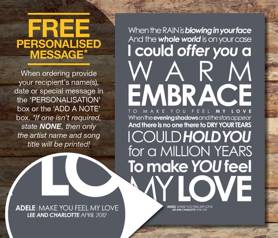 Fan Of Adele Make You Feel My Love Lyrics Poster Add Etsy