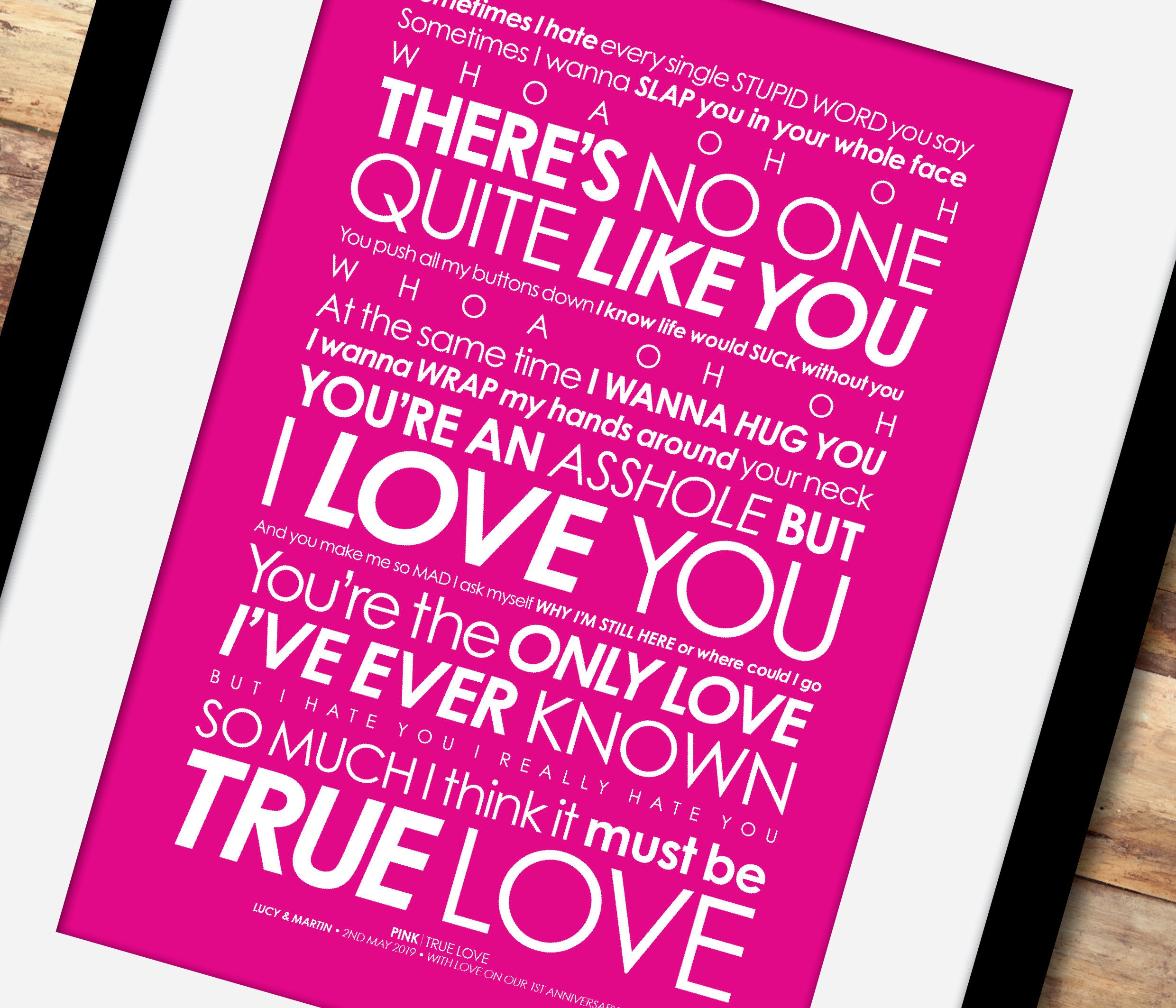True Love Song Lyrics Print Pink Pnk Optional Etsy
