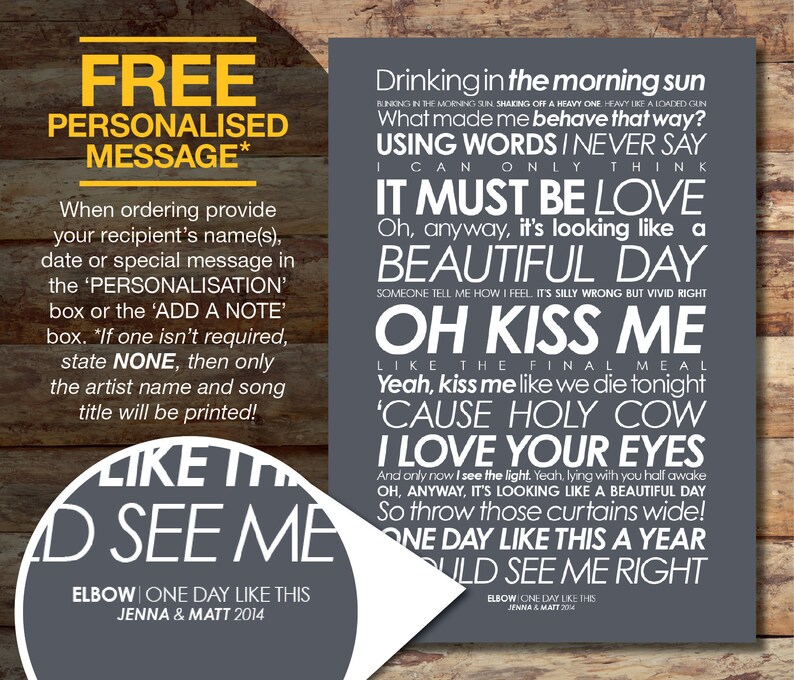 Elbow One Day Like This Personalised Framed Lyric Print Valentines Day Gift Idea